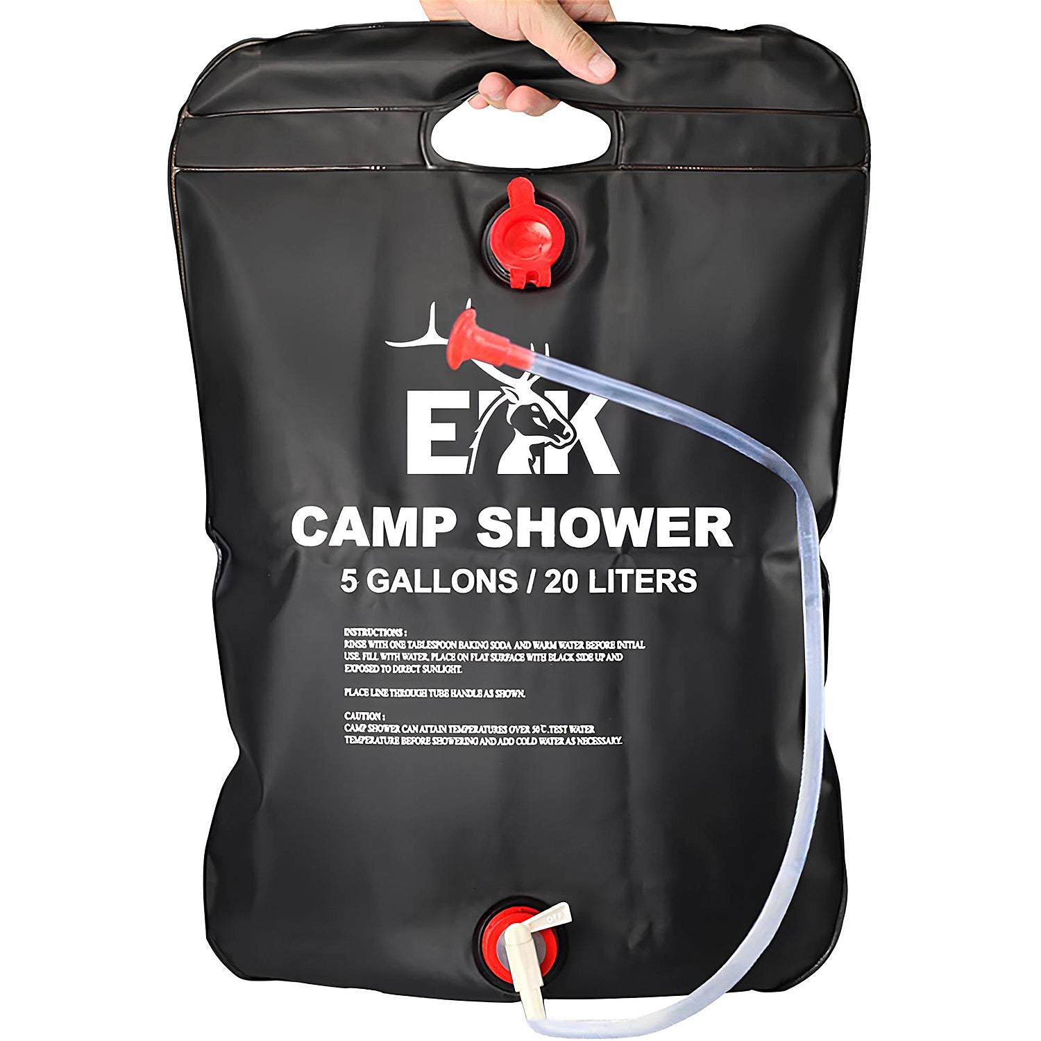 ELK Solar Heated Portable Shower Bag with Removable Hose - Ideal for Camping, Hiking, and Travel - 5 Gallon Capacity for Multiple Showers