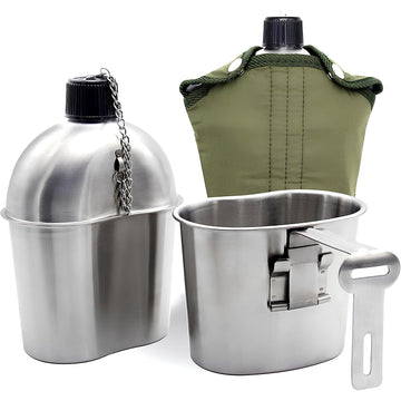 ELK Stainless Steel Military Canteen and Cup Set with Green Cover for Camping, Hiking, Backpacking, Hunting, Fishing and Outdoor Adventures - Complete Camping Essentials Kit