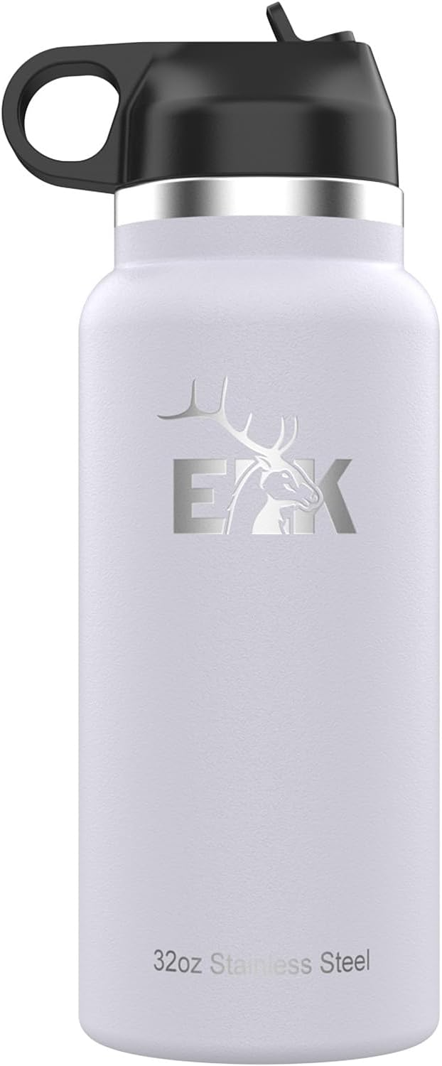 ELK Insulated Water Bottle with Wide Mouth Straw Lid - Double Wall Stainless Steel, Dishwasher Safe - Keep Drinks Cold or Hot for Hours - BPA-Free & Phthalate-Free Hydration (Fog, 32 Oz)