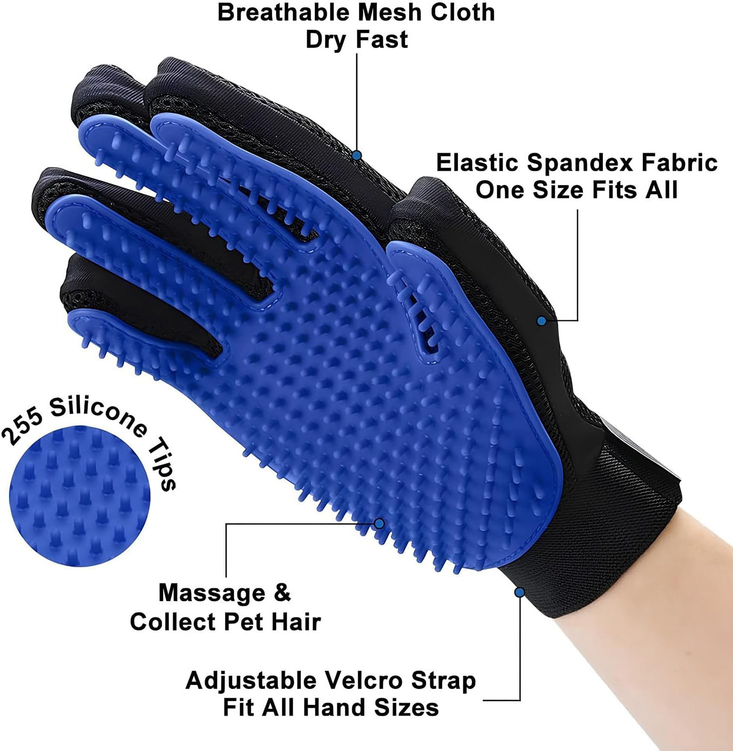 ELK Pet Hair Remover Glove for Gentle Grooming and Deshedding of Cats and Dogs - Soft Silicone Tips for Long and Short Fur - Adjustable Fit (Blue, Right-Hand Glove, 1 Pack)