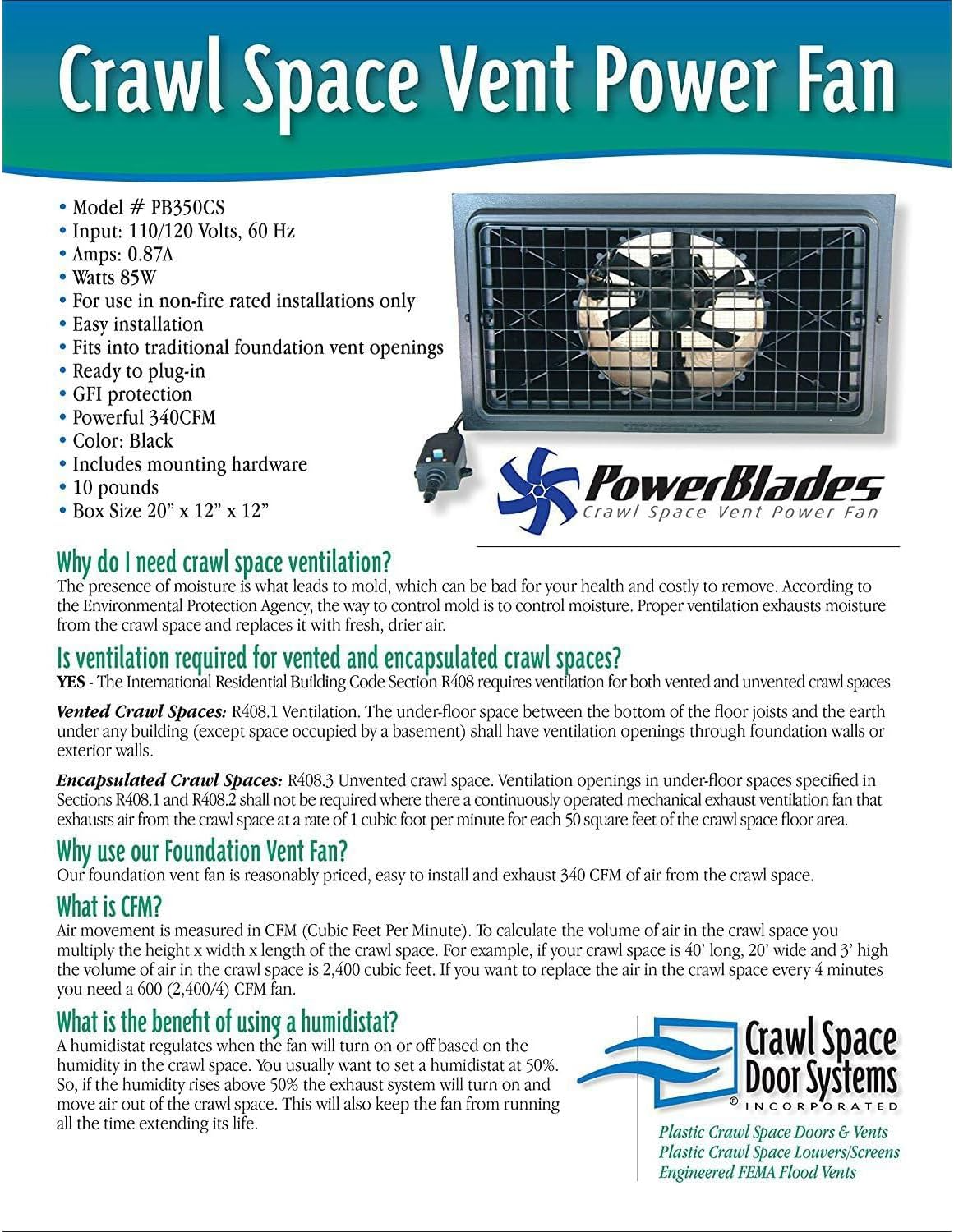 Power Blades Power Fan Ventilation System for Effective Moisture Management in Crawl Spaces, Basements and Enclosed Spaces