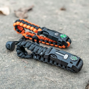 ELK Paracord Survival Bracelets - 2 Pack, Adjustable Size, Loud Whistle, Fire Starter - Ideal for Outdoor Enthusiasts, Hiking, Camping, Fishing, and Hunting (Black and Black+Orange)