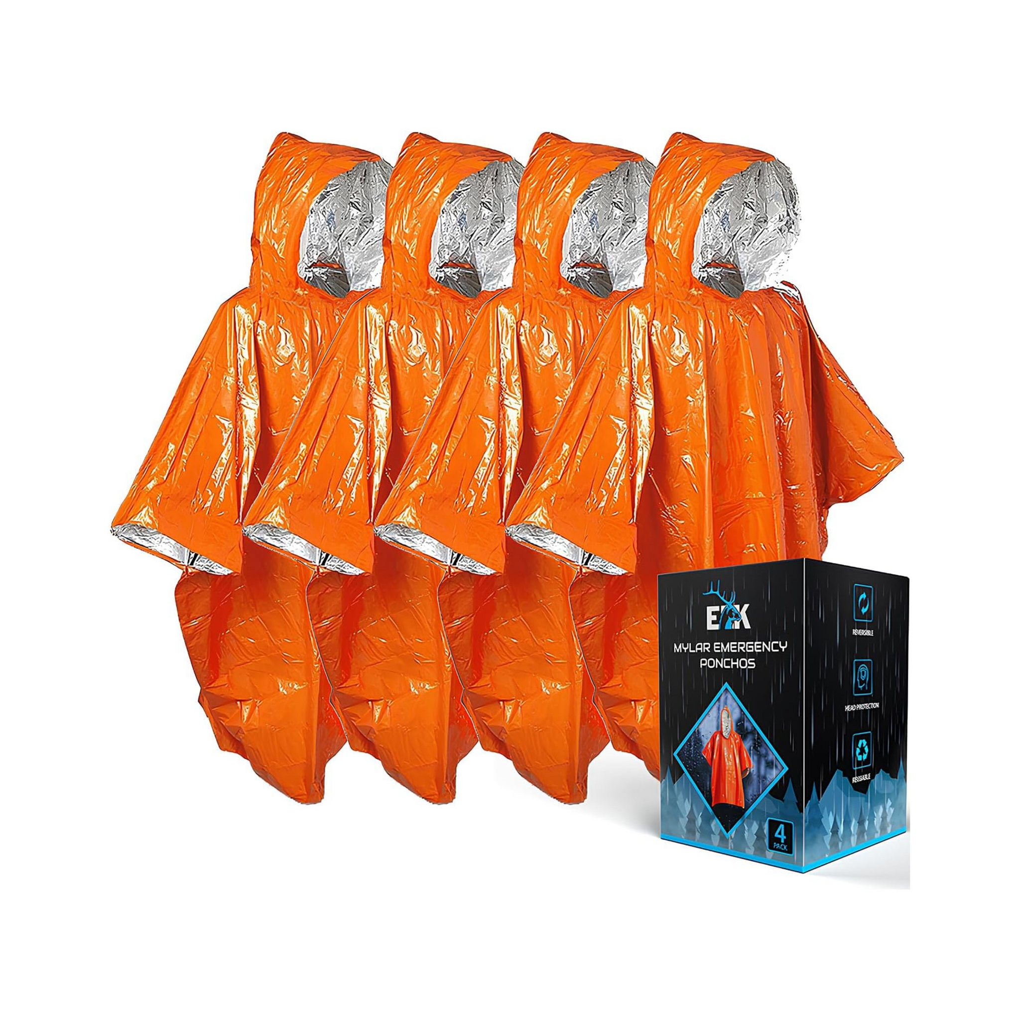 ELK Emergency Poncho 4-Pack - Heat Retention, Mylar Reversible Thermal Raincoat Blanket, Reflective for Increased Visibility - Outdoor Camping Survival Gear