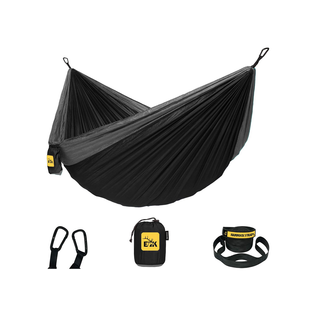 ELK Single Hammock with Tree Straps - Lightweight Parachute Nylon for Outdoor Adventures (Black/Gray, Single)